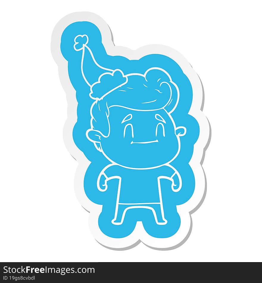 Happy Cartoon  Sticker Of A Man Wearing Santa Hat