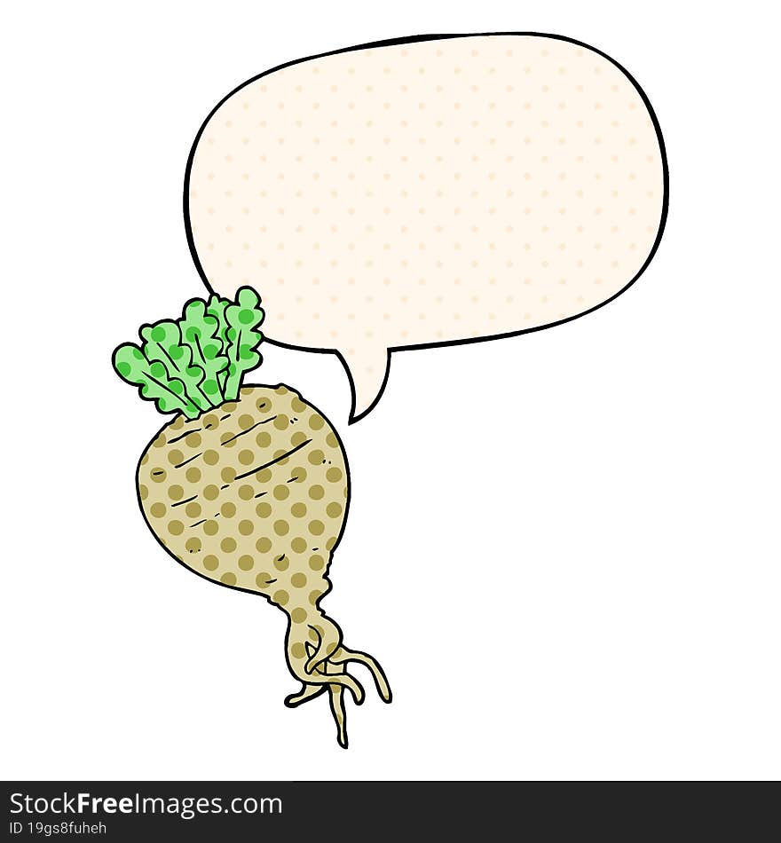 cartoon root vegetable and speech bubble in comic book style