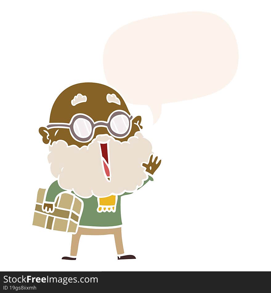 Cartoon Joyful Man And Beard And Parcel Under Arm And Speech Bubble In Retro Style