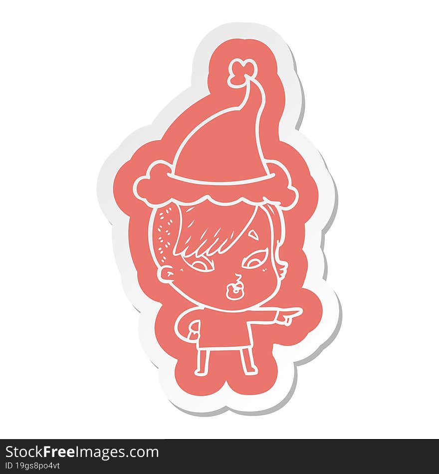 cartoon  sticker of a surprised girl pointing wearing santa hat