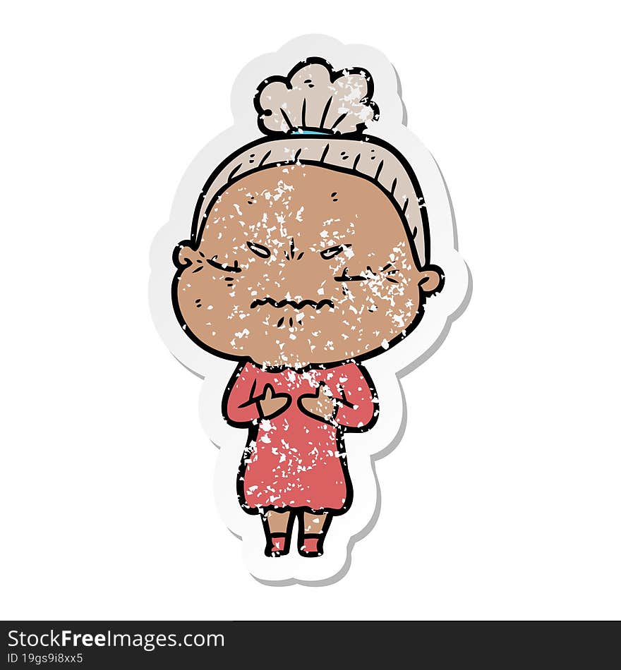 distressed sticker of a cartoon annoyed old lady