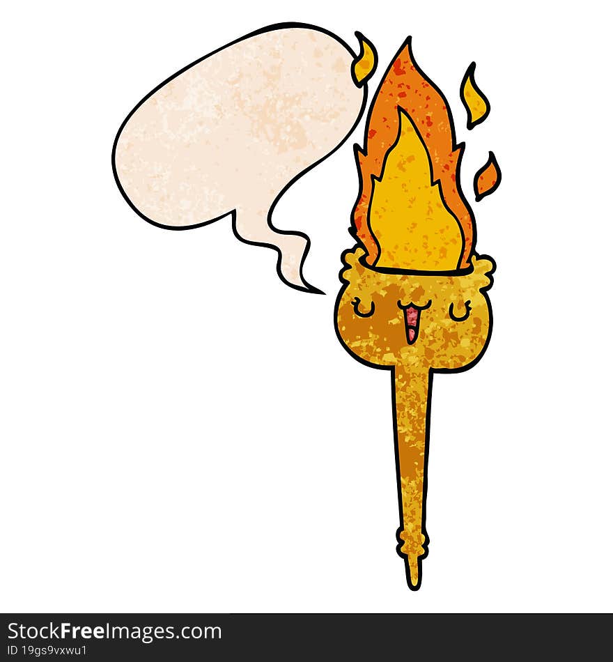 Cartoon Flaming Torch And Speech Bubble In Retro Texture Style