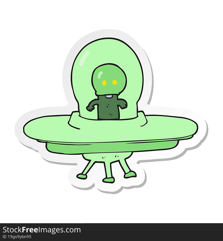 sticker of a cartoon alien in flying saucer