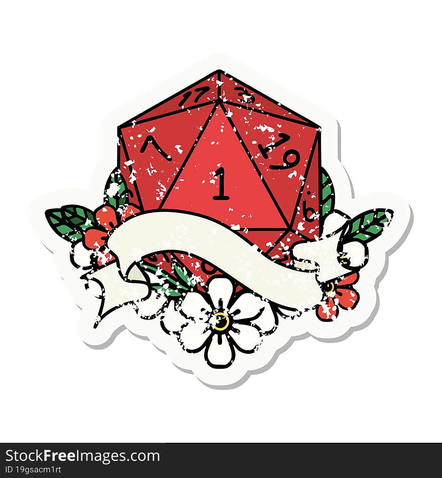 grunge sticker of a natural one d20 dice roll. grunge sticker of a natural one d20 dice roll