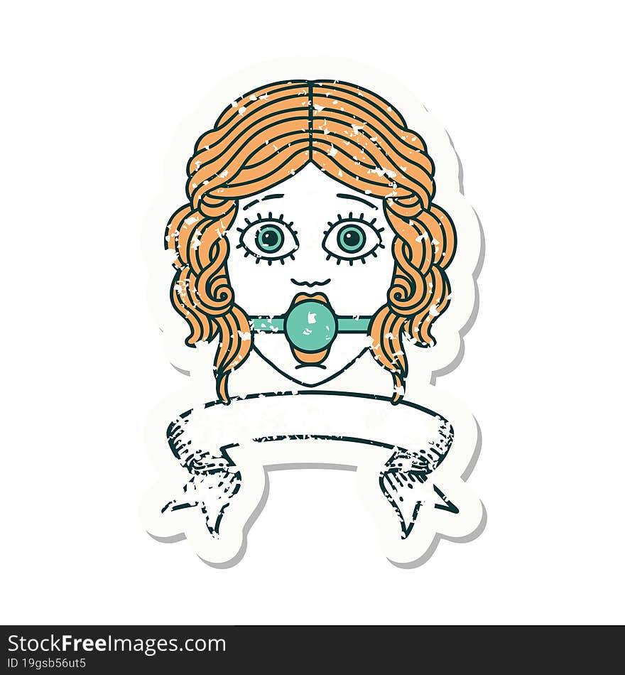 grunge sticker with banner of female face with ball gag