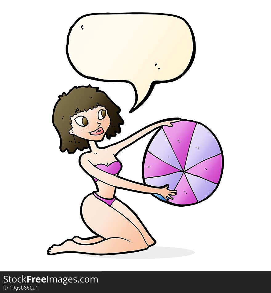 cartoon bikini girl with beach ball with speech bubble