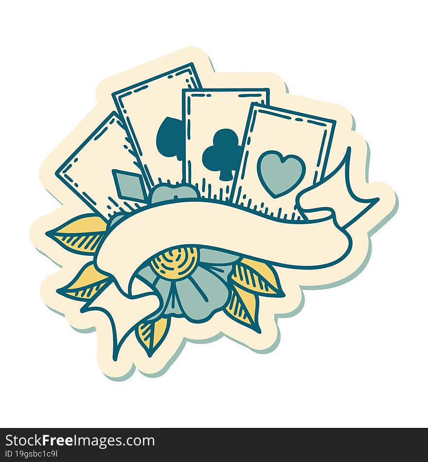 Tattoo Style Sticker Of Cards And Banner