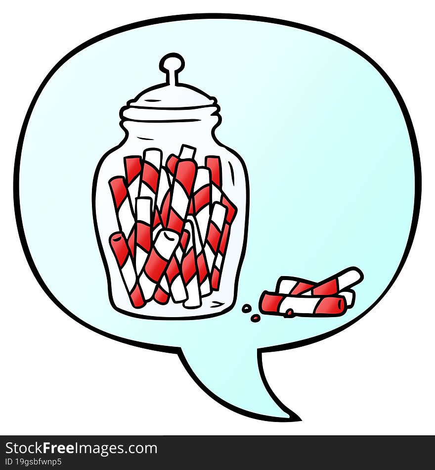 cartoon traditional candy sticks in jar with speech bubble in smooth gradient style