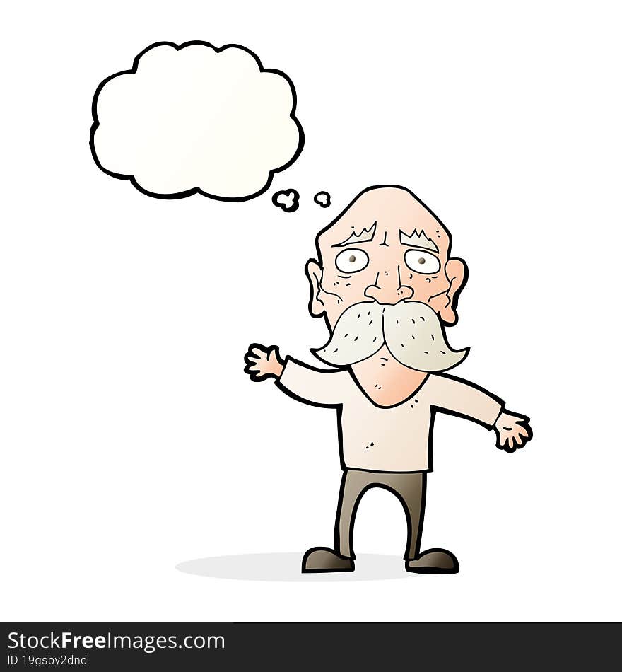 cartoon worried old man with thought bubble