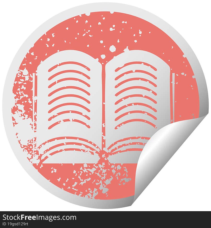 distressed circular peeling sticker symbol open book