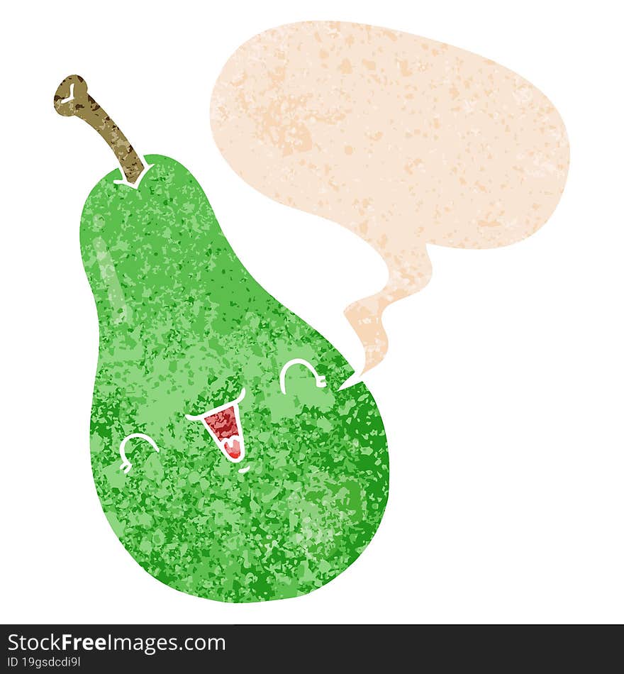 cartoon pear and speech bubble in retro textured style