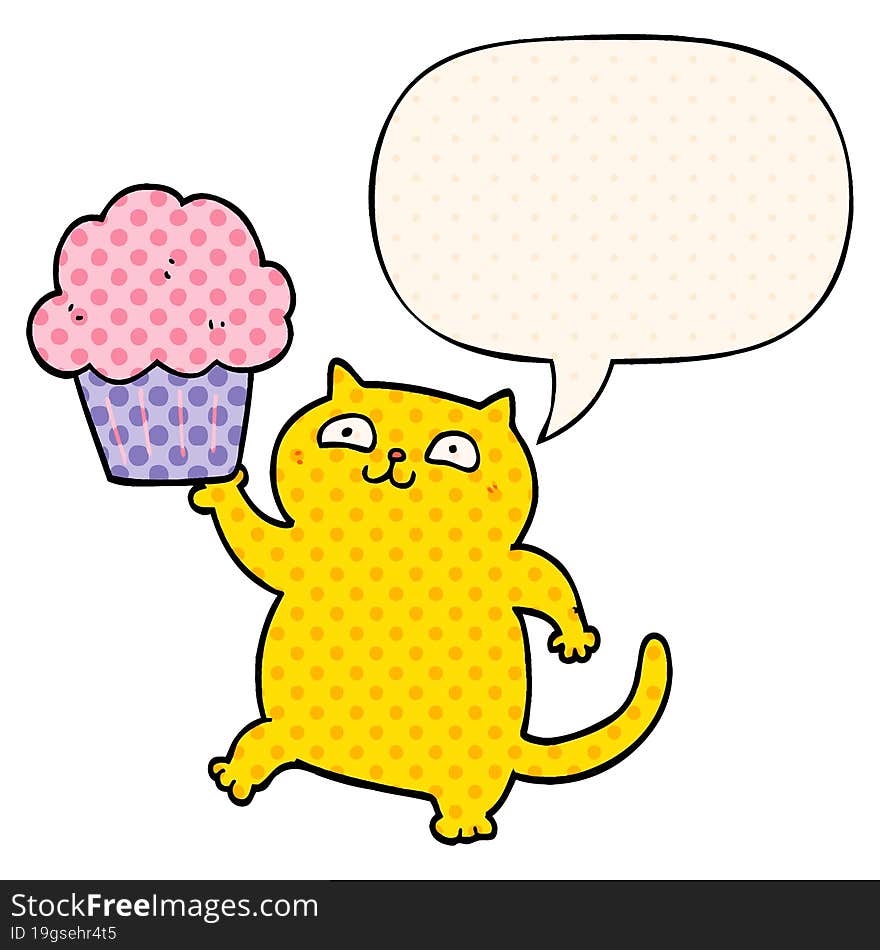 cartoon cat with cupcake with speech bubble in comic book style. cartoon cat with cupcake with speech bubble in comic book style