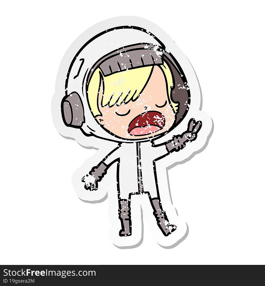 distressed sticker of a cartoon astronaut giving peace sign