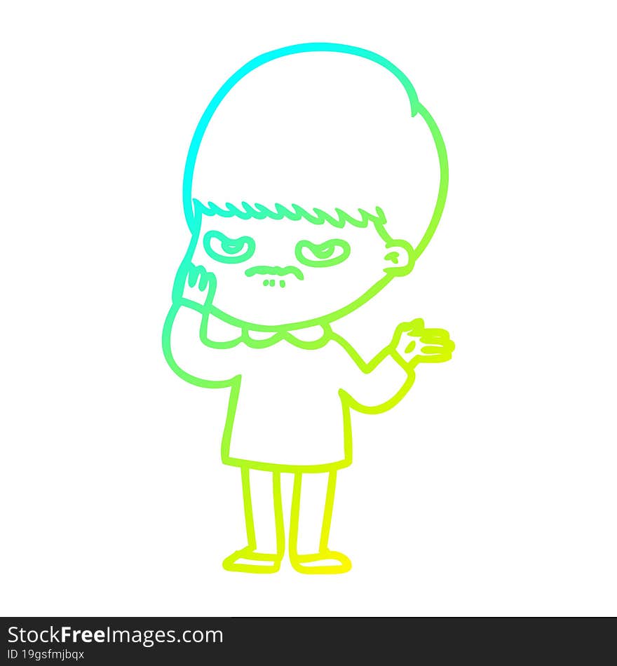 Cold Gradient Line Drawing Annoyed Cartoon Boy