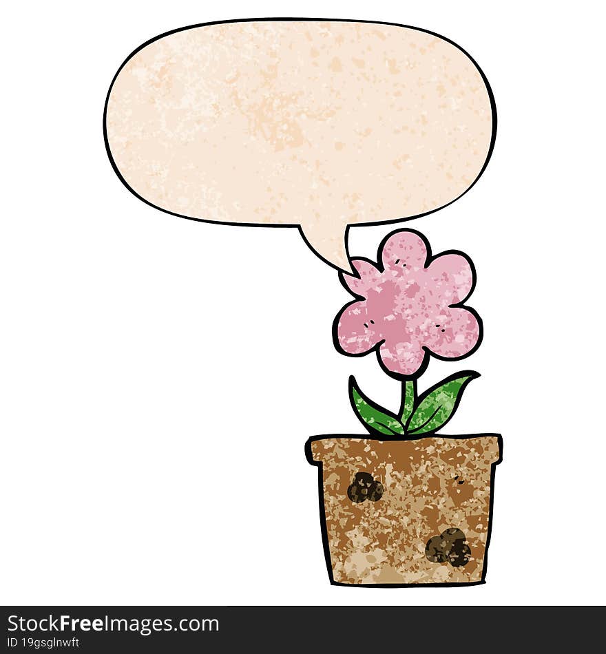 cute cartoon flower and speech bubble in retro texture style