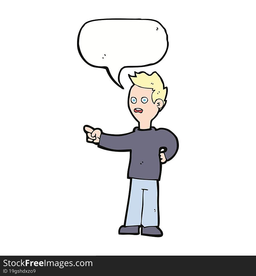 cartoon shocked boy pointing with speech bubble