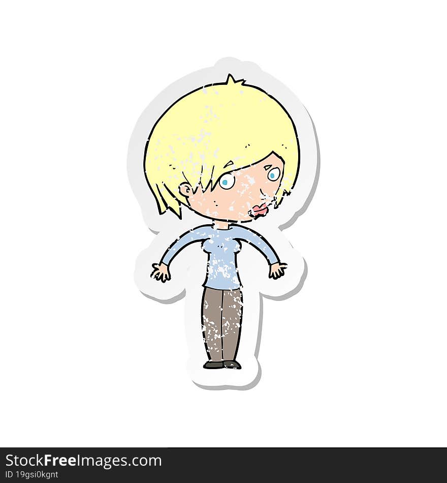 retro distressed sticker of a cartoon woman shrugging