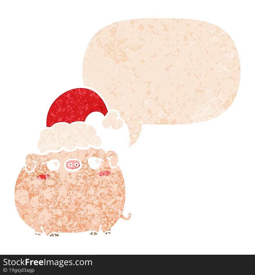 cartoon pig wearing christmas hat and speech bubble in retro textured style