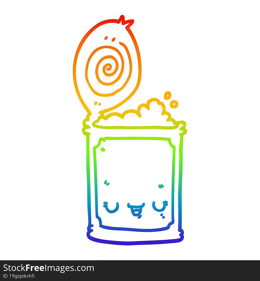 rainbow gradient line drawing of a cartoon canned food