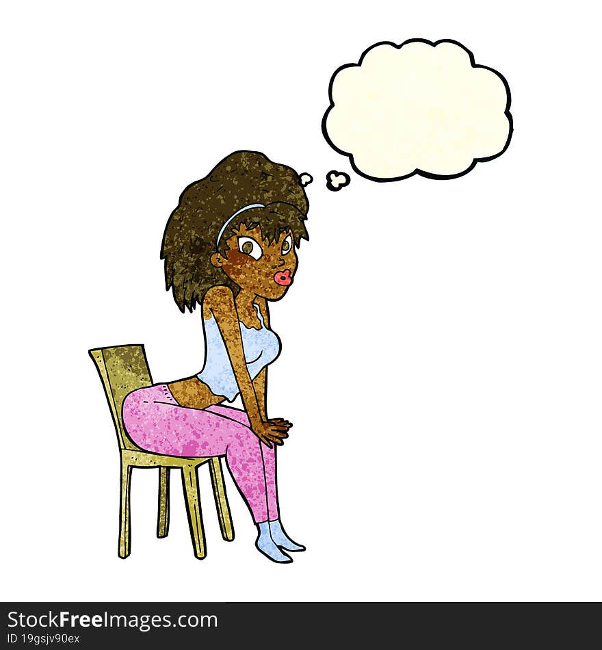 cartoon woman posing on chair with thought bubble