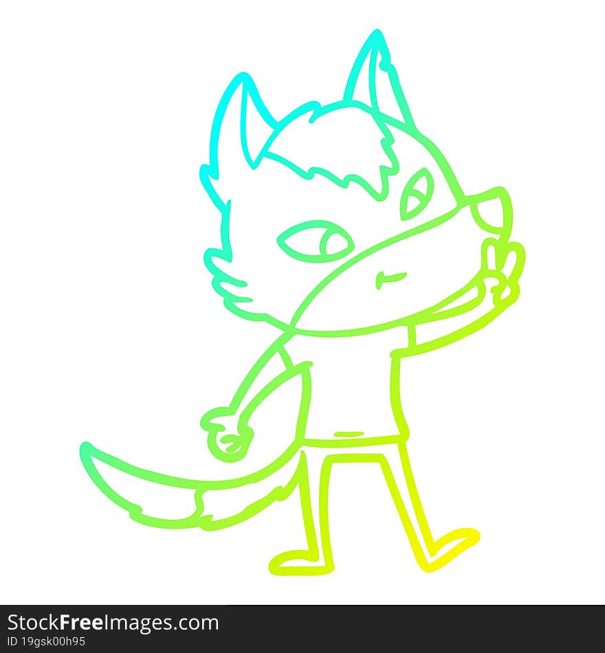 cold gradient line drawing friendly cartoon wolf giving peace sign