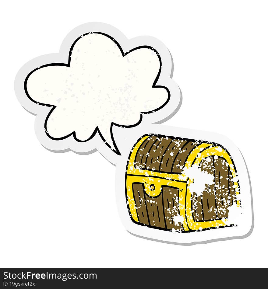 cartoon treasure chest with speech bubble distressed distressed old sticker. cartoon treasure chest with speech bubble distressed distressed old sticker