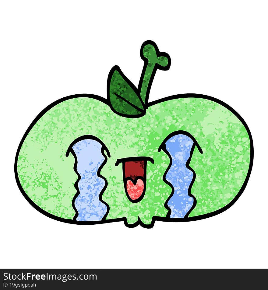 grunge textured illustration cartoon of a sad apple