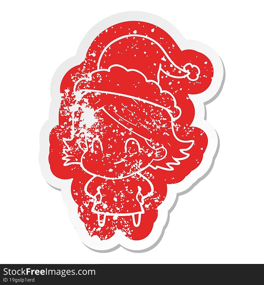 cartoon distressed sticker of a friendly girl wearing santa hat