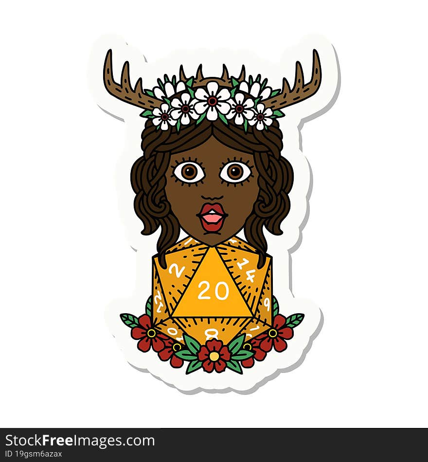 sticker of a human druid with natural twenty dice roll. sticker of a human druid with natural twenty dice roll