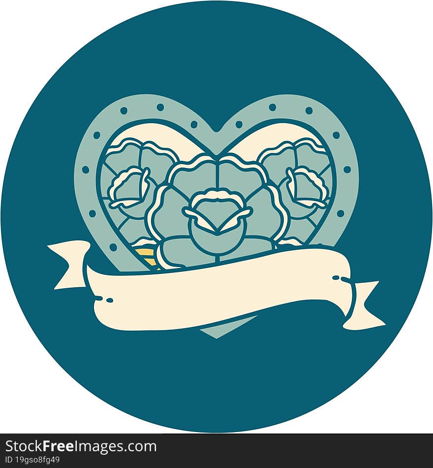 Tattoo Style Icon Of A Heart And Banner With Flowers