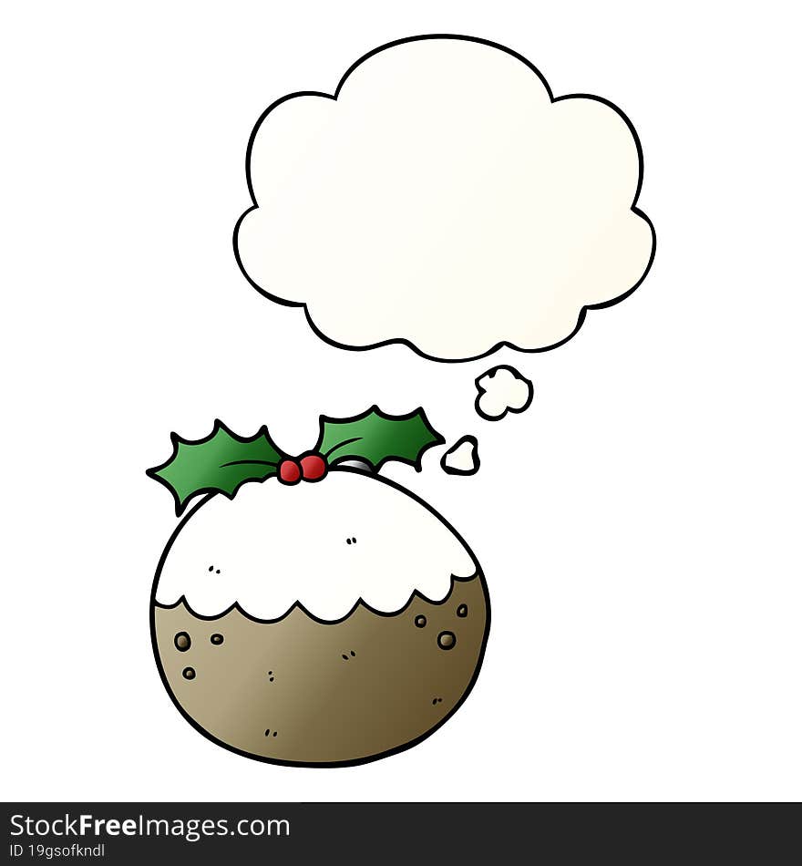 cartoon christmas pudding and thought bubble in smooth gradient style