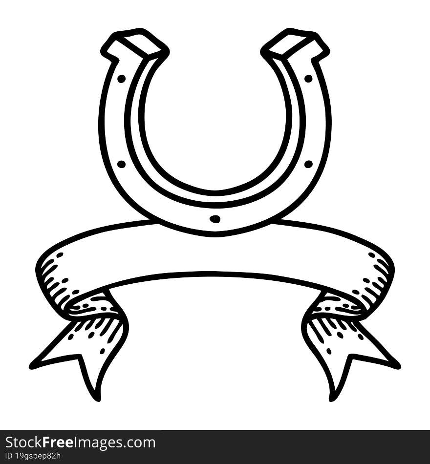 black linework tattoo with banner of a horse shoe