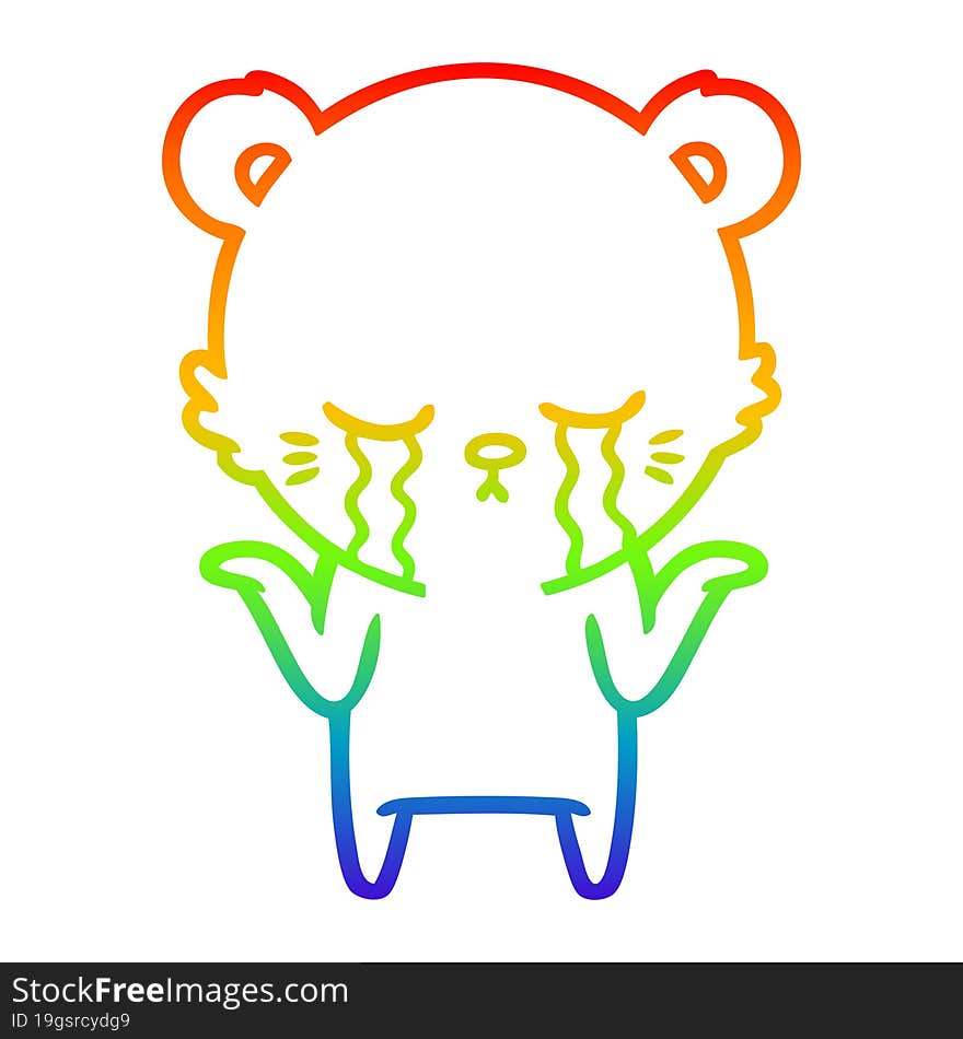 rainbow gradient line drawing crying cartoon polar bear shrugging shoulders