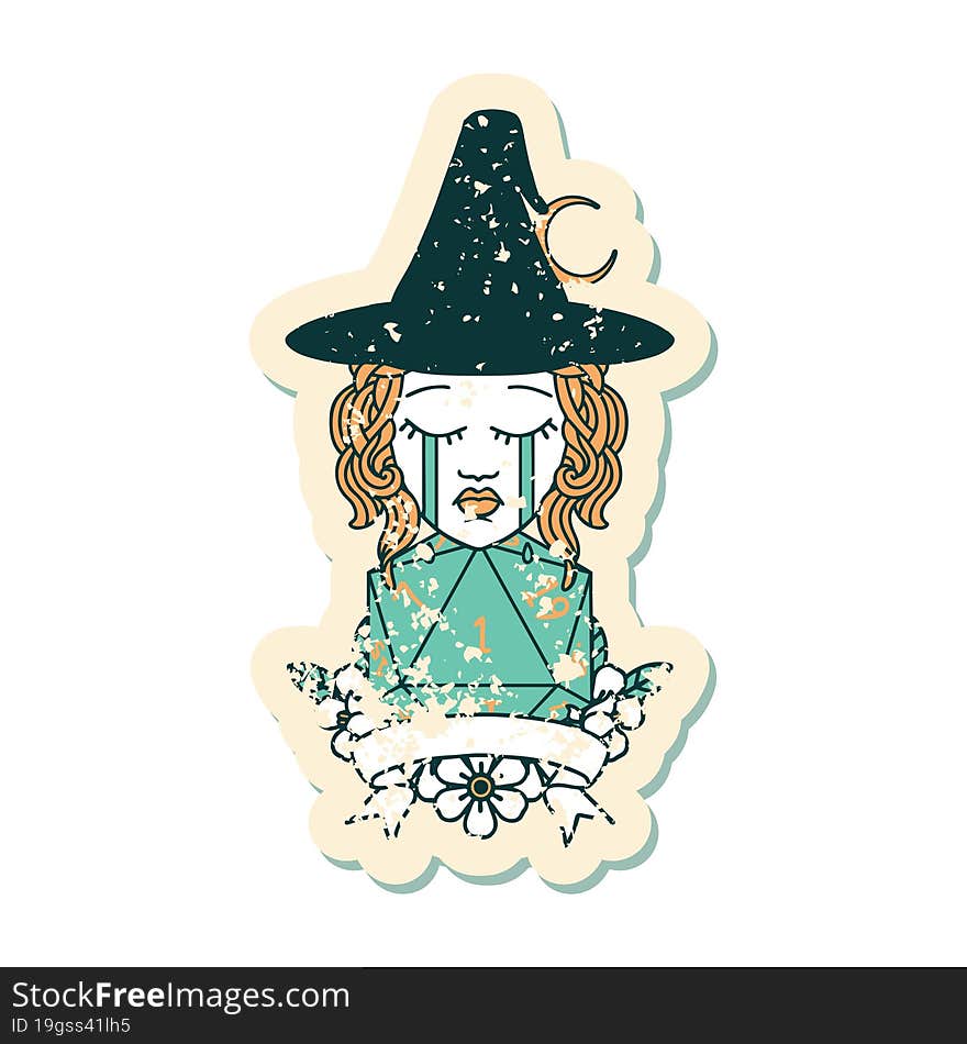 Retro Tattoo Style crying human witch with natural one roll. Retro Tattoo Style crying human witch with natural one roll