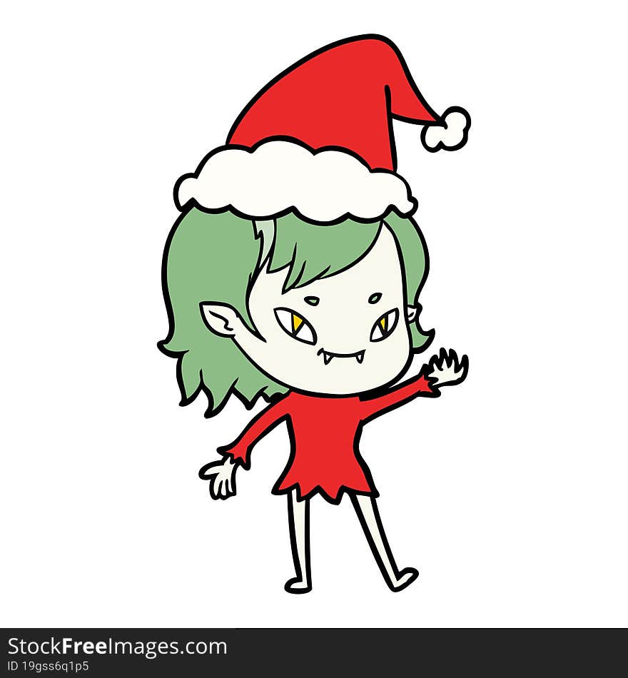 line drawing of a friendly vampire girl wearing santa hat