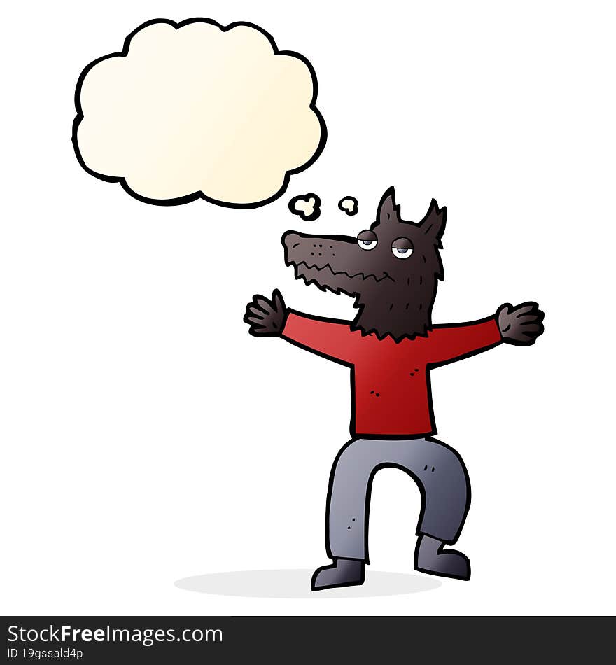 cartoon wolf man with thought bubble