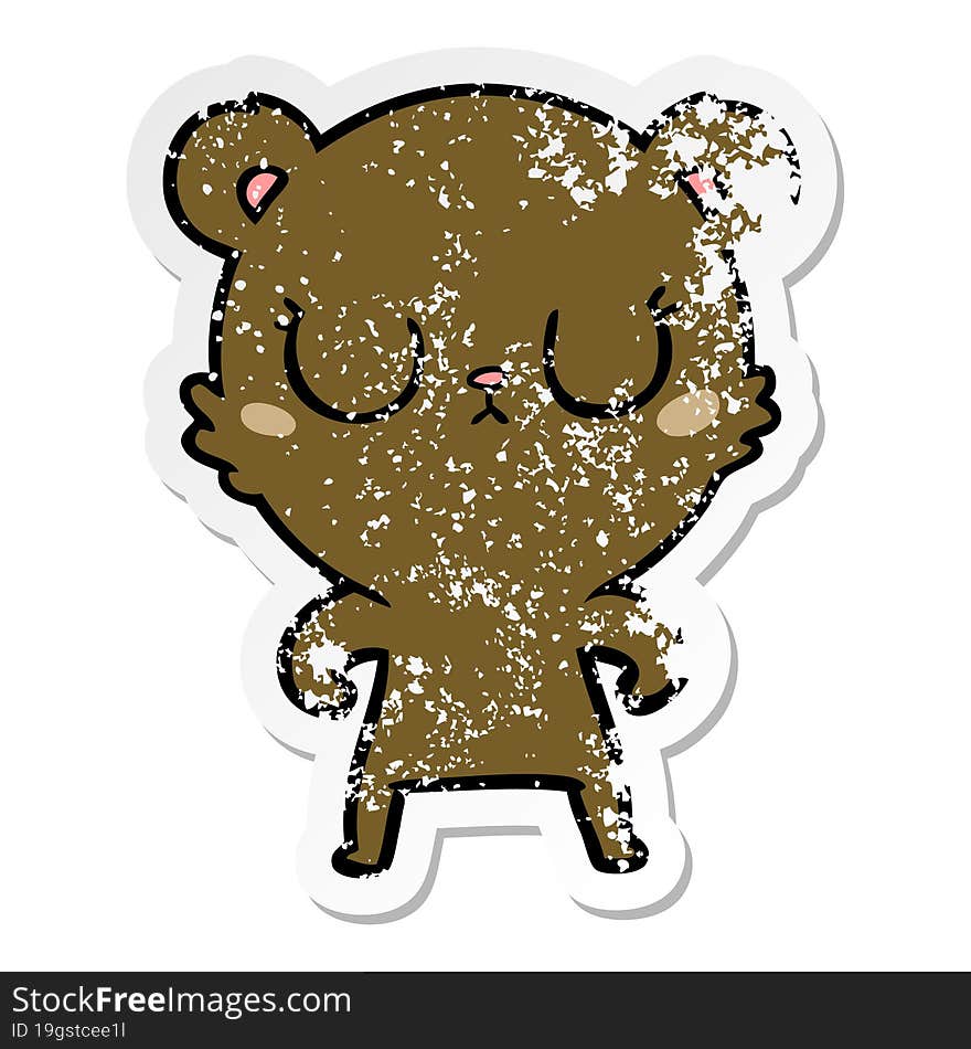 distressed sticker of a peaceful cartoon bear