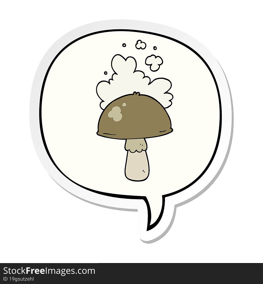 cartoon mushroom with spore cloud with speech bubble sticker. cartoon mushroom with spore cloud with speech bubble sticker