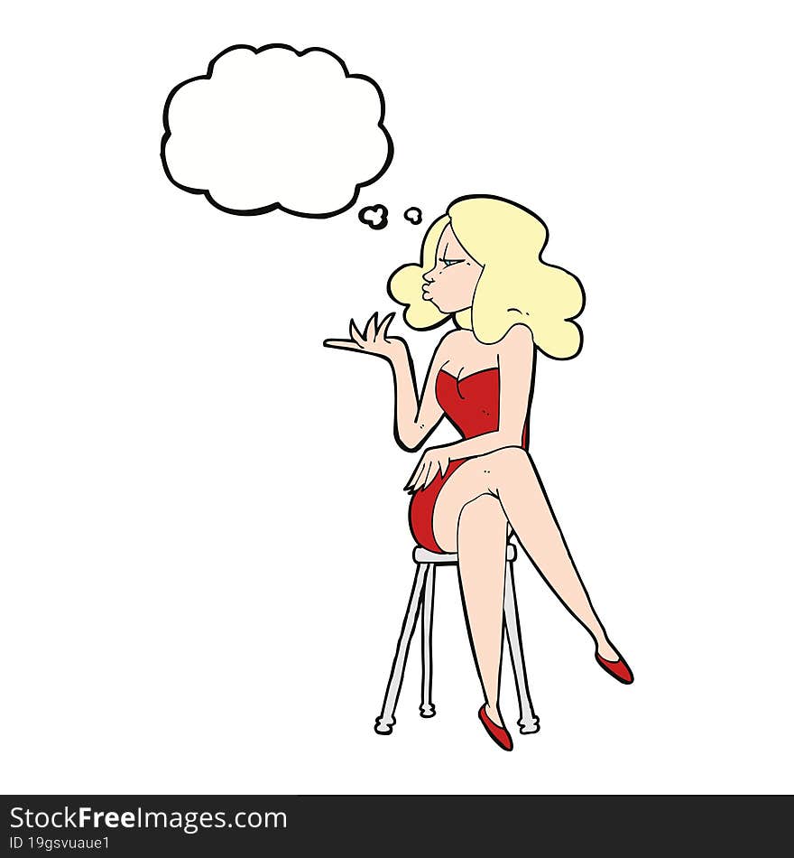 cartoon woman sitting on bar stool with thought bubble