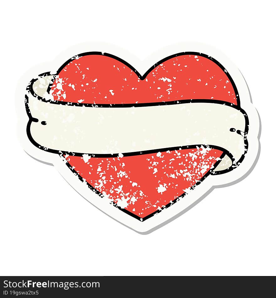 distressed sticker tattoo in traditional style of a heart and banner. distressed sticker tattoo in traditional style of a heart and banner