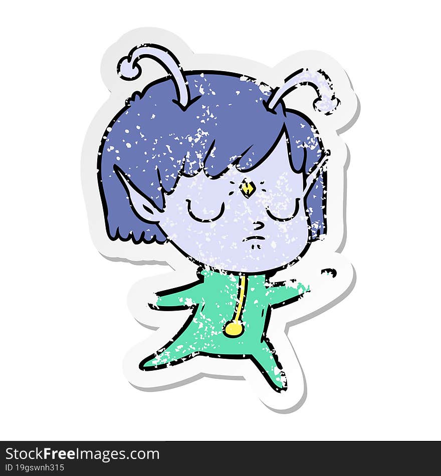 distressed sticker of a cartoon alien girl