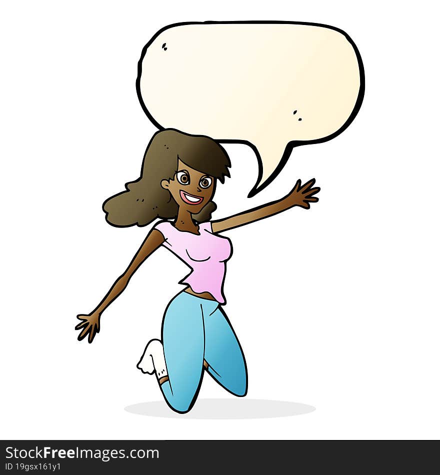 Cartoon Jumping Woman With Speech Bubble