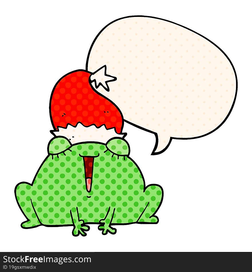 cute cartoon christmas frog with speech bubble in comic book style