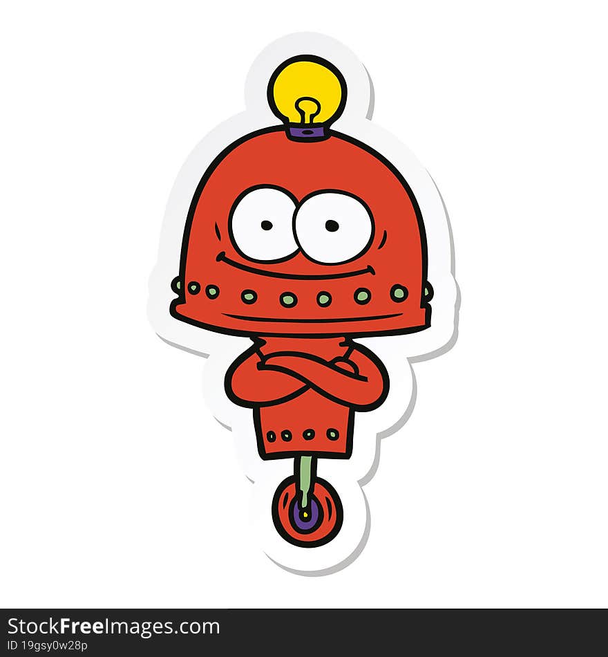 sticker of a happy carton robot with light bulb