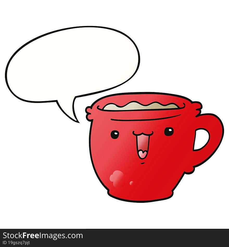 Cute Cartoon Coffee Cup And Speech Bubble In Smooth Gradient Style