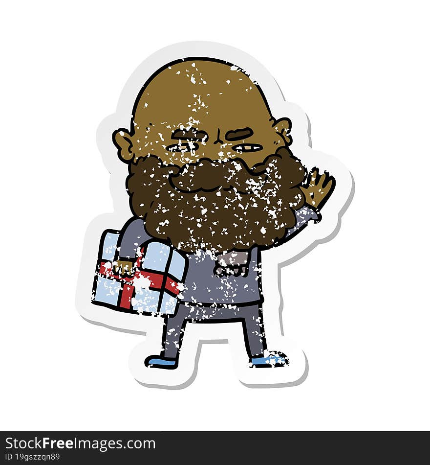 distressed sticker of a cartoon man with beard frowning with xmas gift