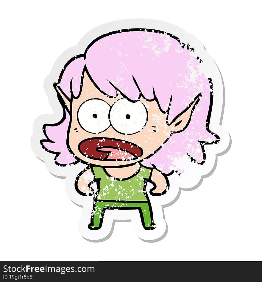 distressed sticker of a cartoon shocked elf girl