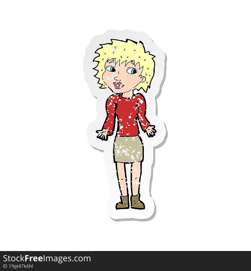 retro distressed sticker of a cartoon woman shrugging shoulders