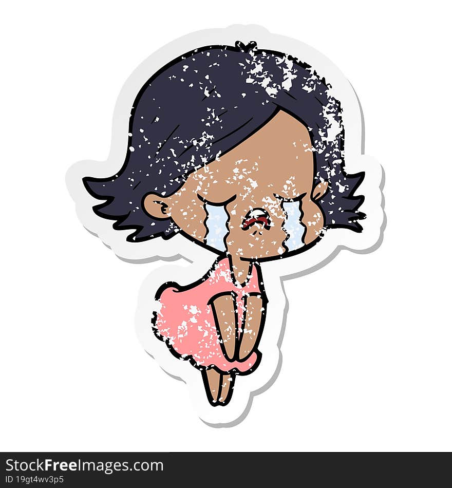 distressed sticker of a cartoon girl crying