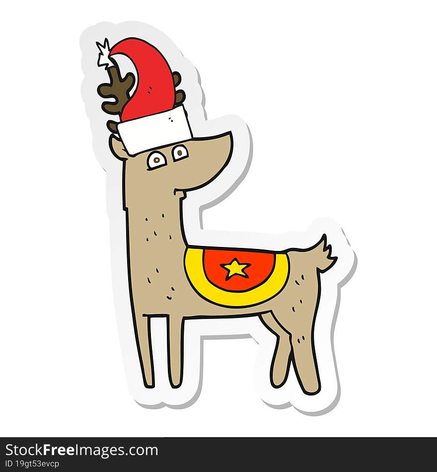 sticker of a cartoon reindeer wearing christmas hat